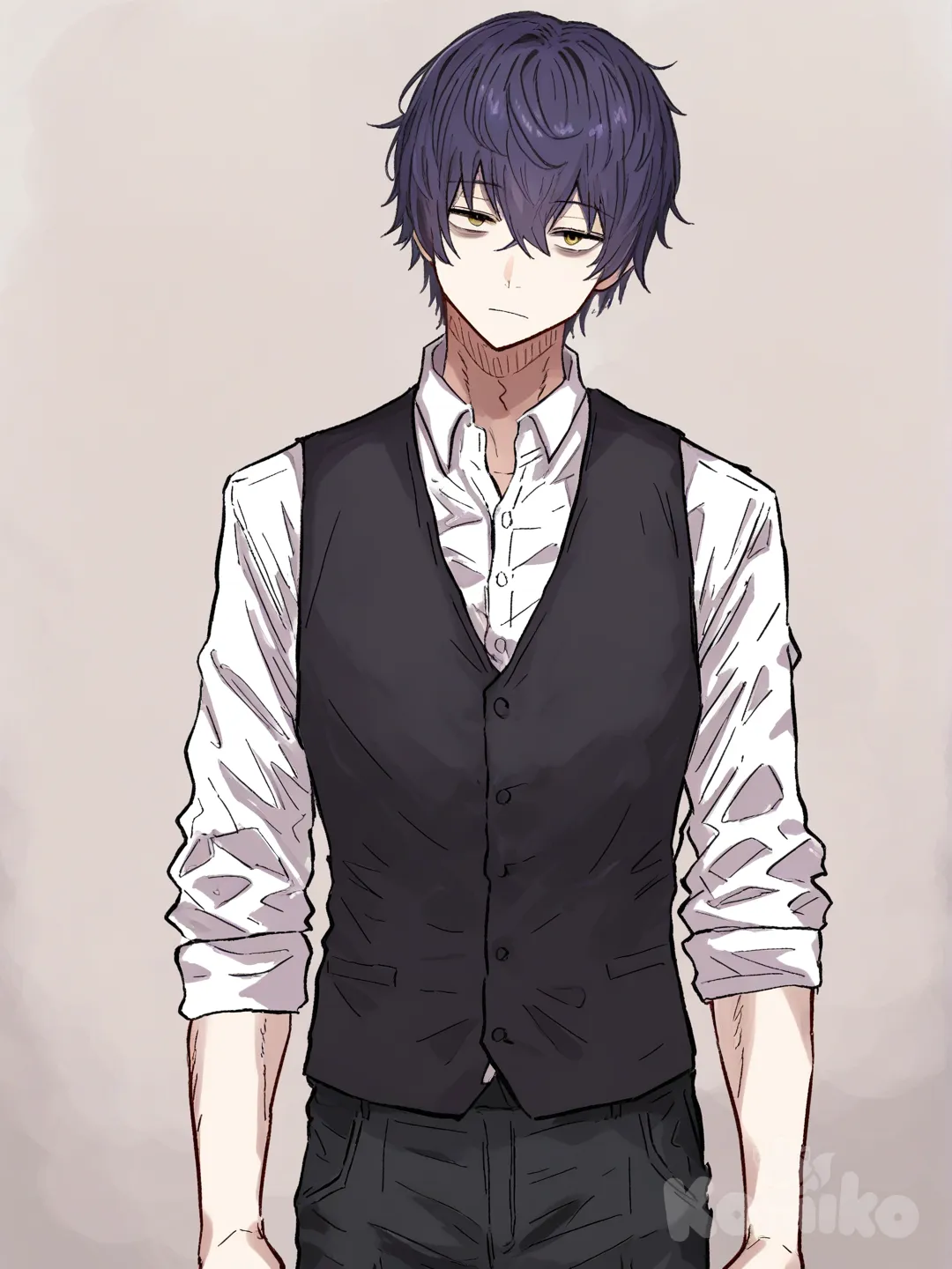1 male, scrawny, tall, short dark purple hair, yellow eyes, pale skin, white shirt, black casual pants, 18 years, head tilt, clean background, Facing the viewer, The character faces the viewer, [hentai-style], expressionless, Bags under the eyes, black vest