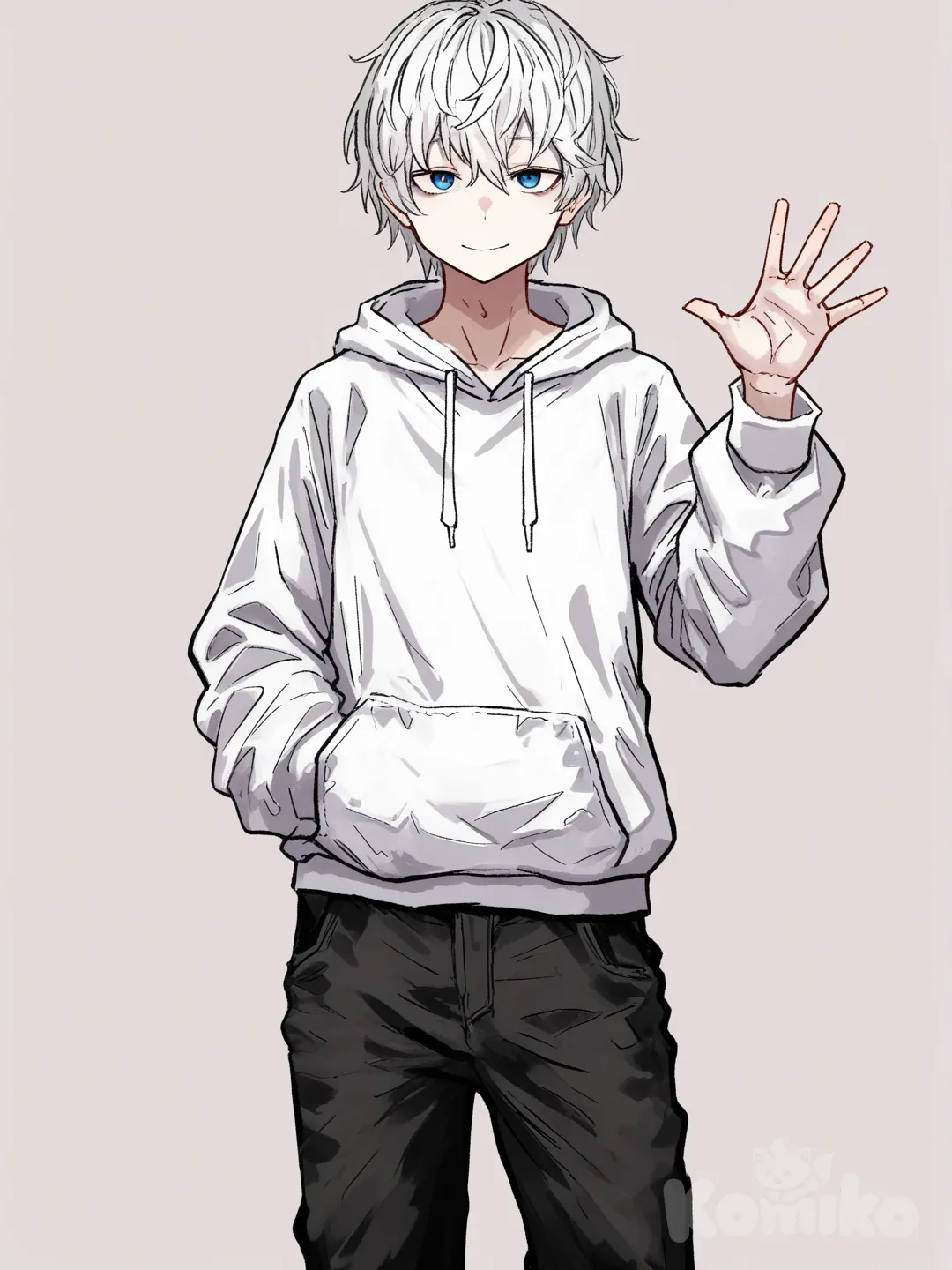 1 male, scrawny, tall, short white hair, blue eyes, pale skin, white hoodie, black pants, 18 years, clean background, Facing the viewer, The character faces the viewer, [hentai-style], smile, extends his hand to the viewer palm up