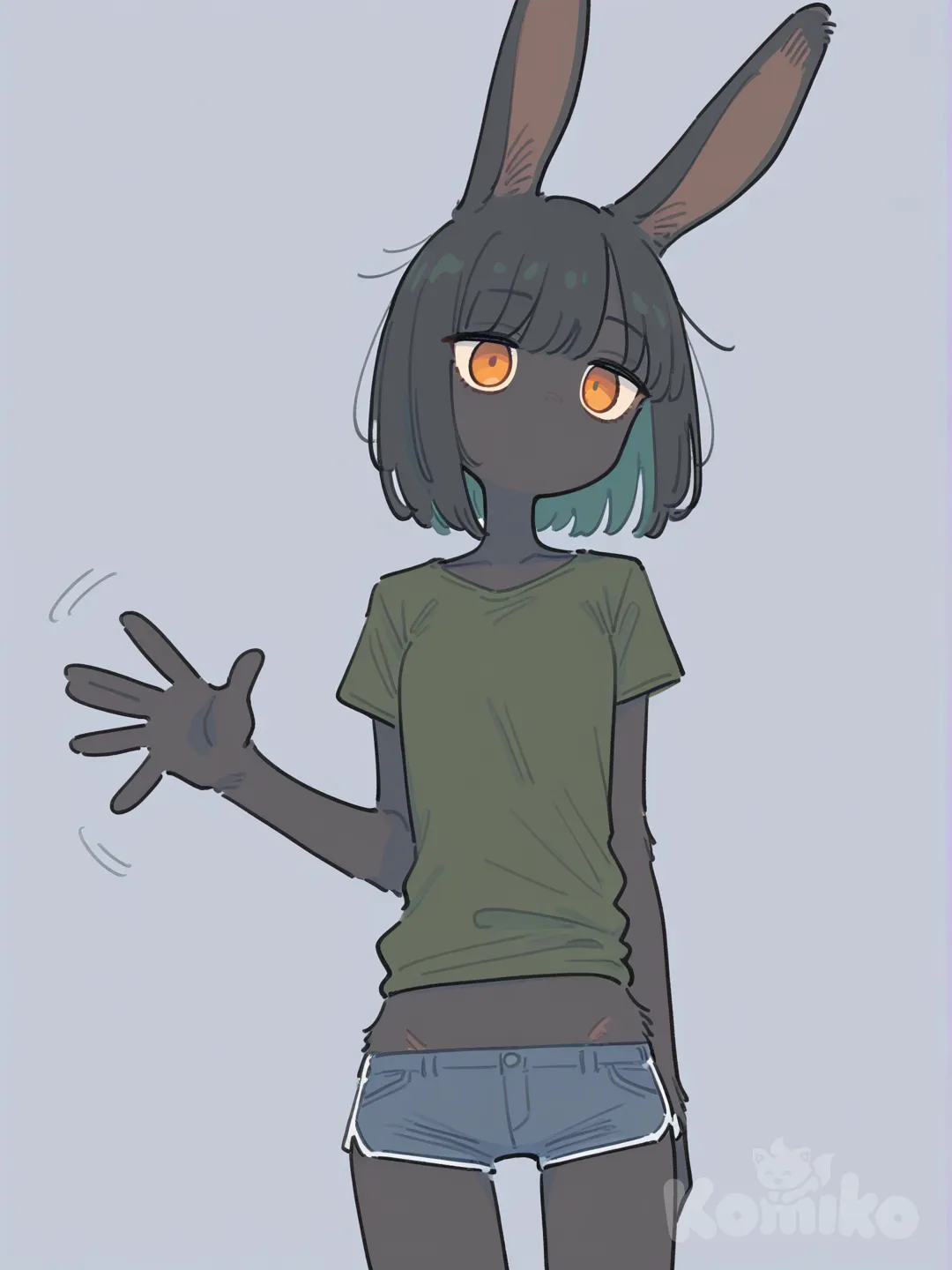 1girl, scrawny, anthropomorph character, bunny, short dark black hair, long dark black bunny ears, dark black fur on all skin, small breasts, no mounth, orange eyes, dark green T-shirt, dark blue shorts, waving, [flat-pastel-style], upper body