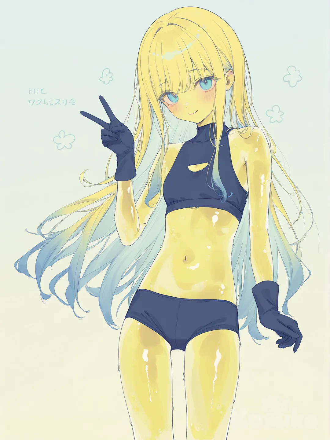 1 female, scrawny, tall, long hair made of yellow translucent jelly, light blue eyes, Yellow skin made of translucent jelly, small breasts, Dark blue top, dark blue shorts, dark blue gloves, v sign, smile, upper body, [soft-pastel-style]