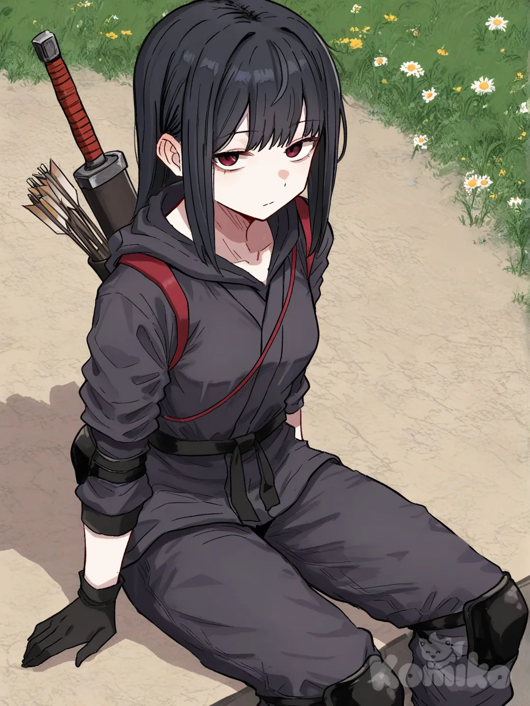 1 female, athletic body, teenager, tall, long Black hair, red eyes, pale skin, small breasts, Black robe with hood, Black Uwagi jacket with long sleeves, Black belt, Black pants, Black gloves, Black elbow pads, Black knee pads, [hentai-style], sitting on the ground, upper body, from above, flower field, looking at viewer, Quiver of arrows on your back, Ninjato sword on the back