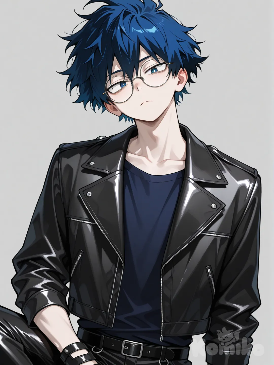 1 male, scrawny, teenager, short blue hair, Blue eyes, pale skin, Dark blue t-shirt, black Leather jacket, black pants, Blue fingerless gloves, head tilt, 18 years, clean headbackground, Facing the viewer, The character faces the viewer, Round glasses, my hero Academia, portrait, frown