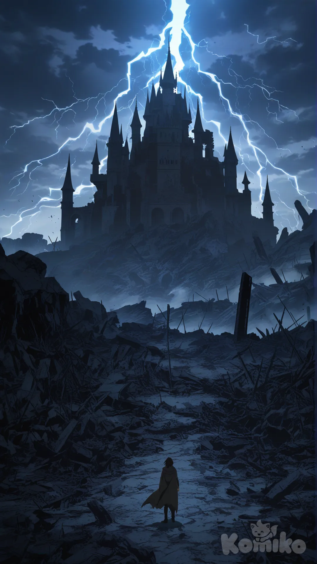 Castle ruins, stormy sky, jagged mountains, lightning strike, desolate battlefield, dark fantasy, highly atmospheric, [pop-anime-style]
