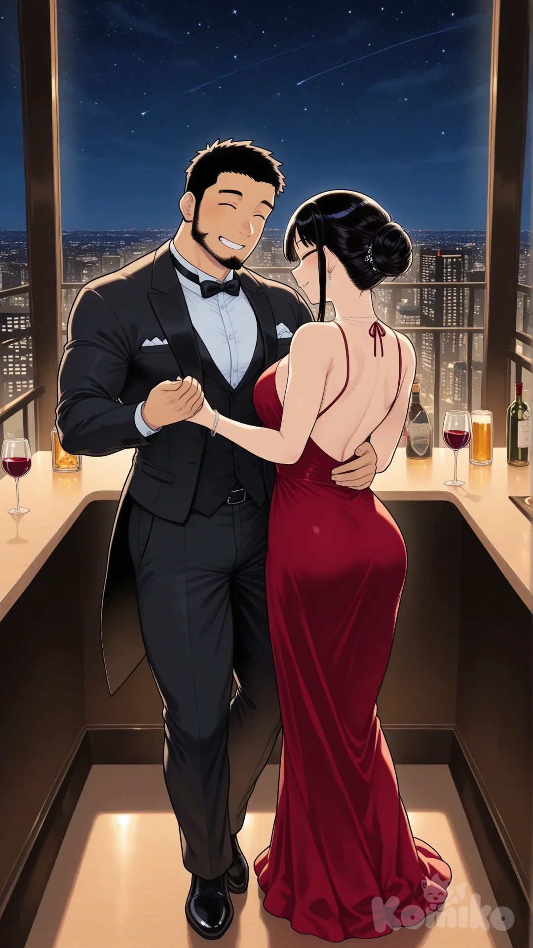 cityscape, starry sky, skyscraper, city lights, full body, tsukudani (coke-buta), tuxedo, bara, black hair, muscular male, adult, Man, beard, Bodybuilder, restaurant, Wine glass in hand, smile, 2people, 1boy, 1girl, Woman in evening dress, Cheers, red dress, dancing, holding hands