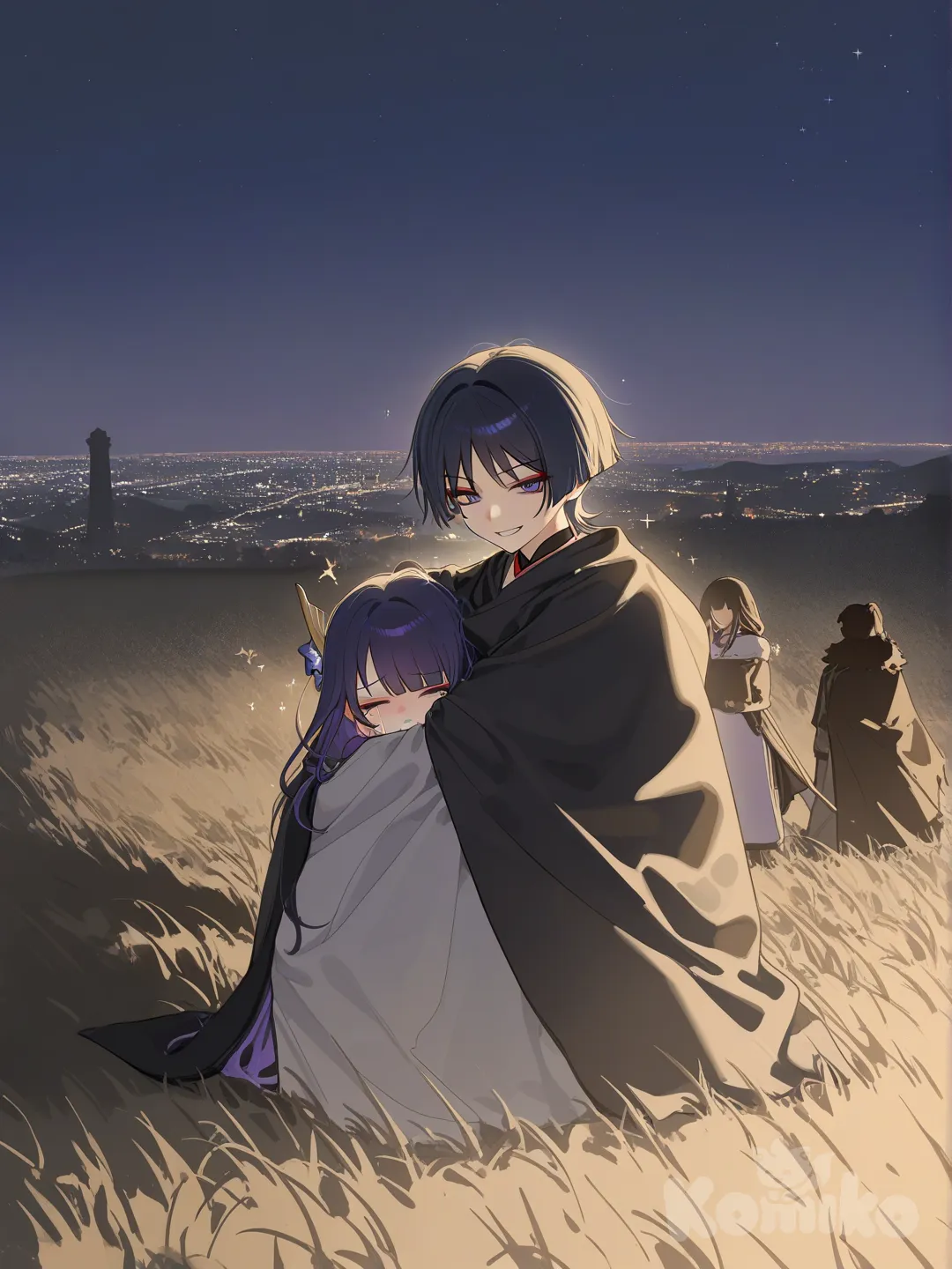 Scaramouche, Raiden Shogun, 2people, hugging, crying, smile, smirk, full body, twilight, sparkle, night, city lights, field