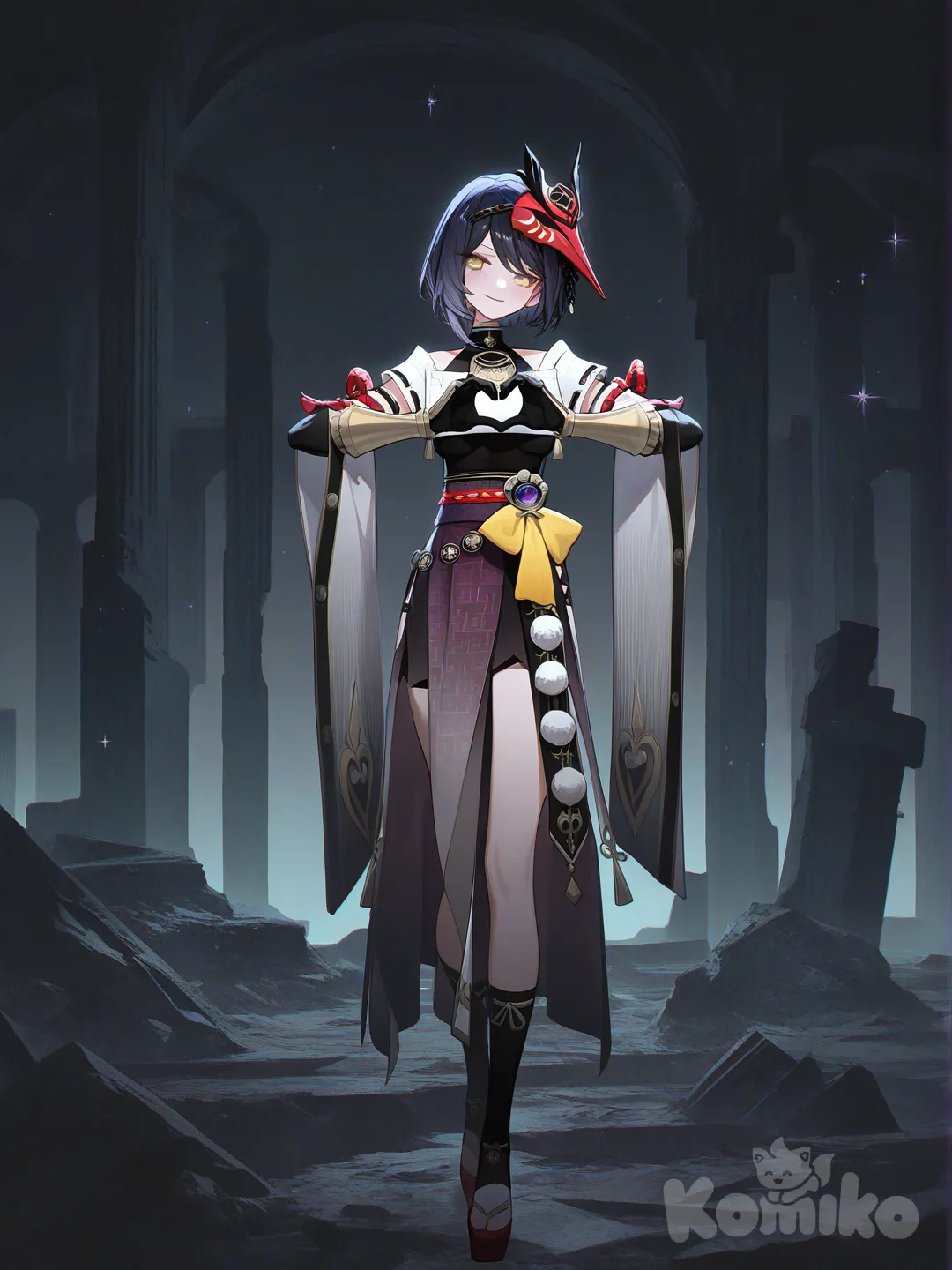 Kujou Sara, heart hands, smile, full body, twilight, sparkle, cave, ruins