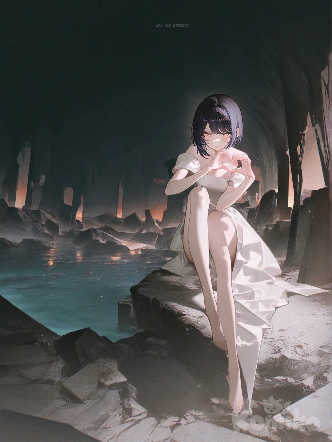 Kujou Sara, heart hands, smile, smirk, blush, full body, sunrise, sparkle, cave, ruins