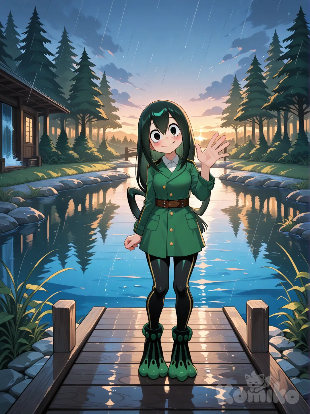 Asui Tsuyu, waving, head tilt, smile, blush, full body, twilight, sparkle, lake, rainy, waterfall doorway to cabin, pier, forest, grassland