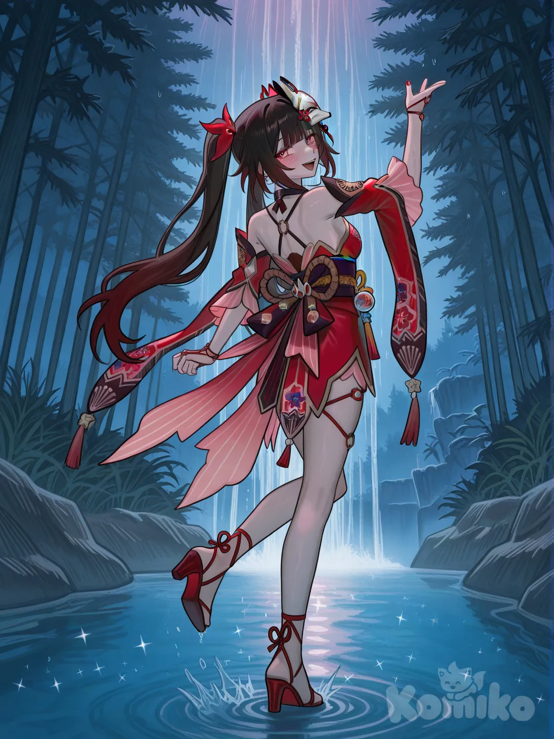 Sparkle (Honkai:Star Rail), dancing, singing, looking back, blush, full body, waterfall, shimmer, night, forest