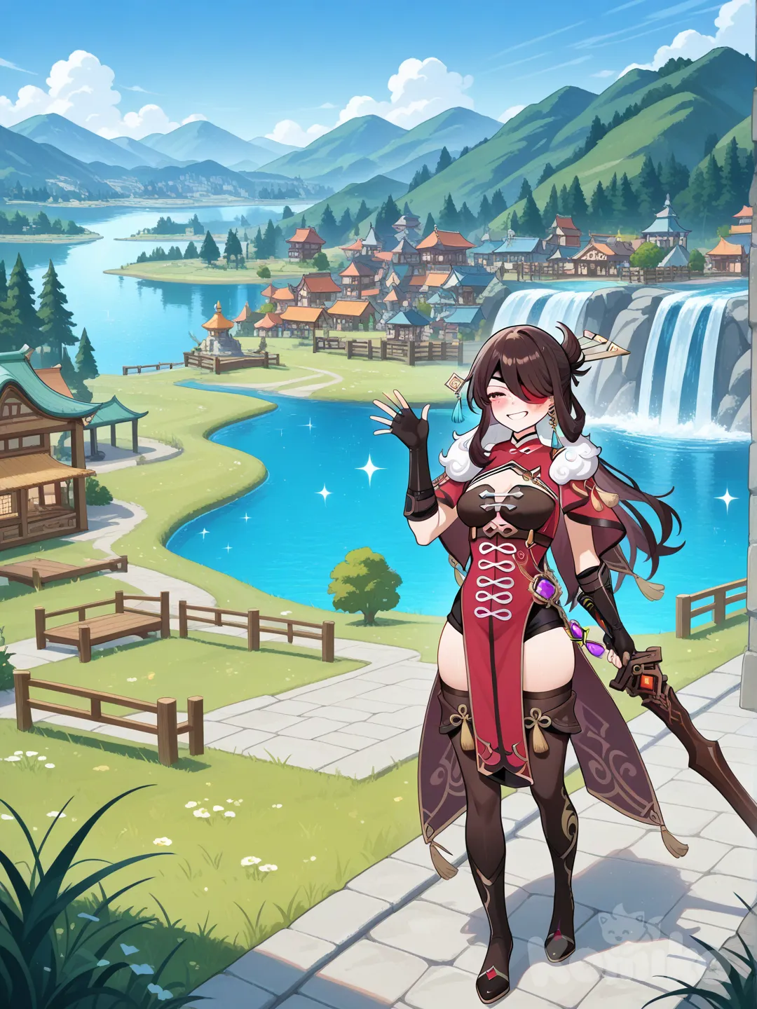 Beidou (Genshin Impact), waving, holding sword, smile, blush, full body, day, sparkle, grassland, forest, waterfall, garden, lake, ocean, village, pier