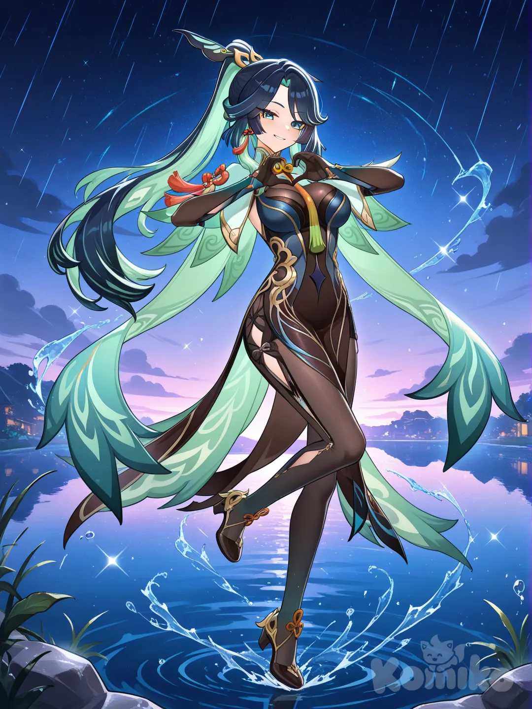 dancing, heart hands, smile, blush, full body, twilight, ocean, lake, rainy, starry sky, @Xianyun_(Genshin_Impact)