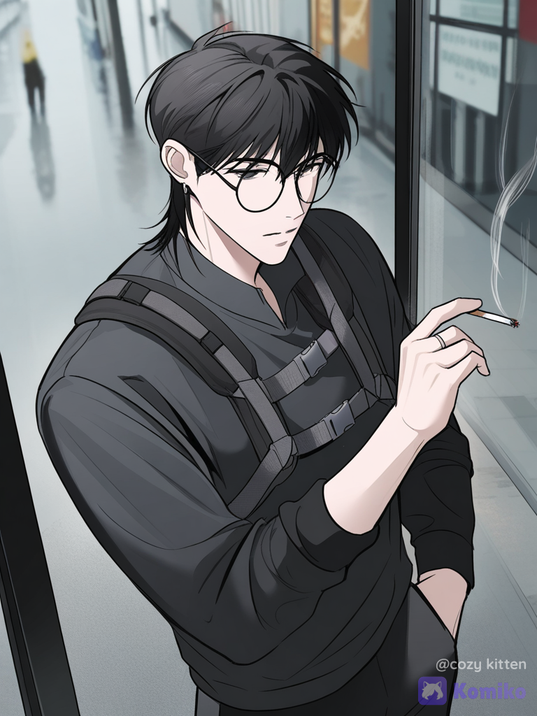 [muscular-manhwa-style], @mark-CC5h， 穿着黑色西装，左手给右手戴手套，嘴里叼着烟，向下俯视。雨天，戴眼镜，眼镜反光。阴暗小巷。背景为雨夜繁华城市，, depth of field, night, @Yor_Briar, 1boy, head tilt, chest harness