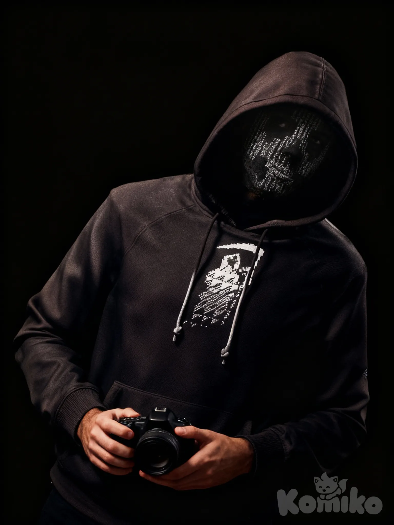 looking at viewer ,He's holding a camera, his head is slightly turned to the right, and his torso is slightly tilted.