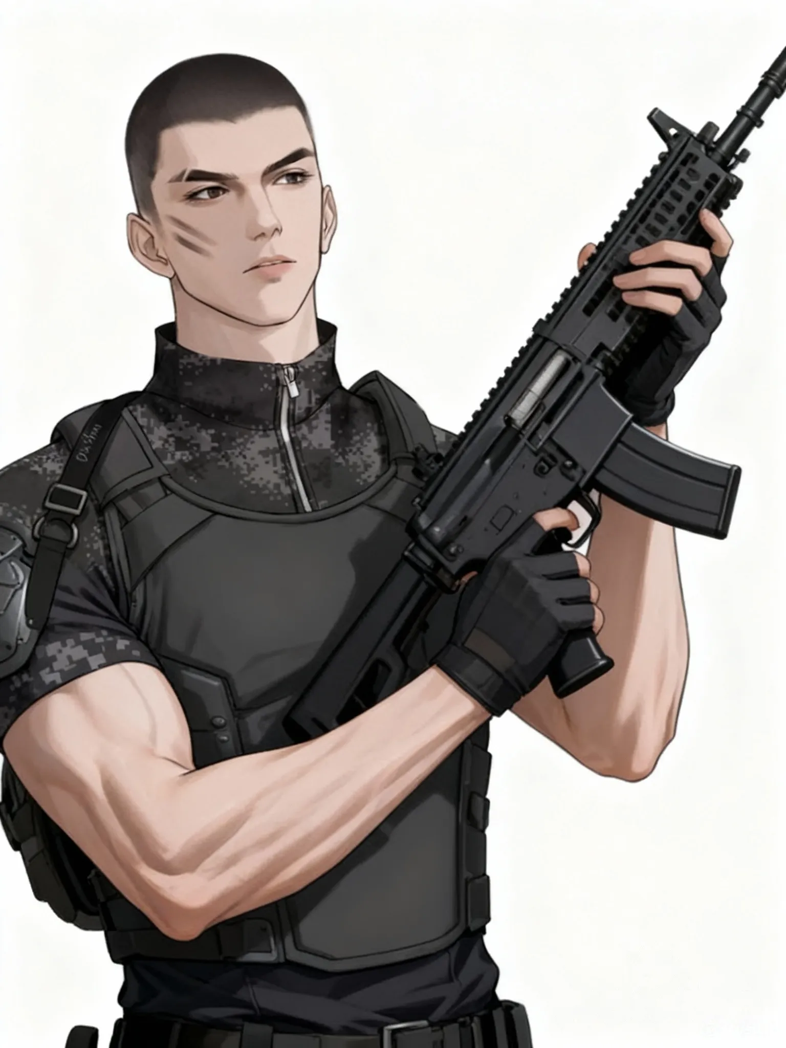 photo_5262684300820286258_y, full body, looking away,Holds a machine gun in two hands,The look of a predator's eyes,Military uniform with armored vest,a man's body under a military uniform , photo_5262684300820286258_y