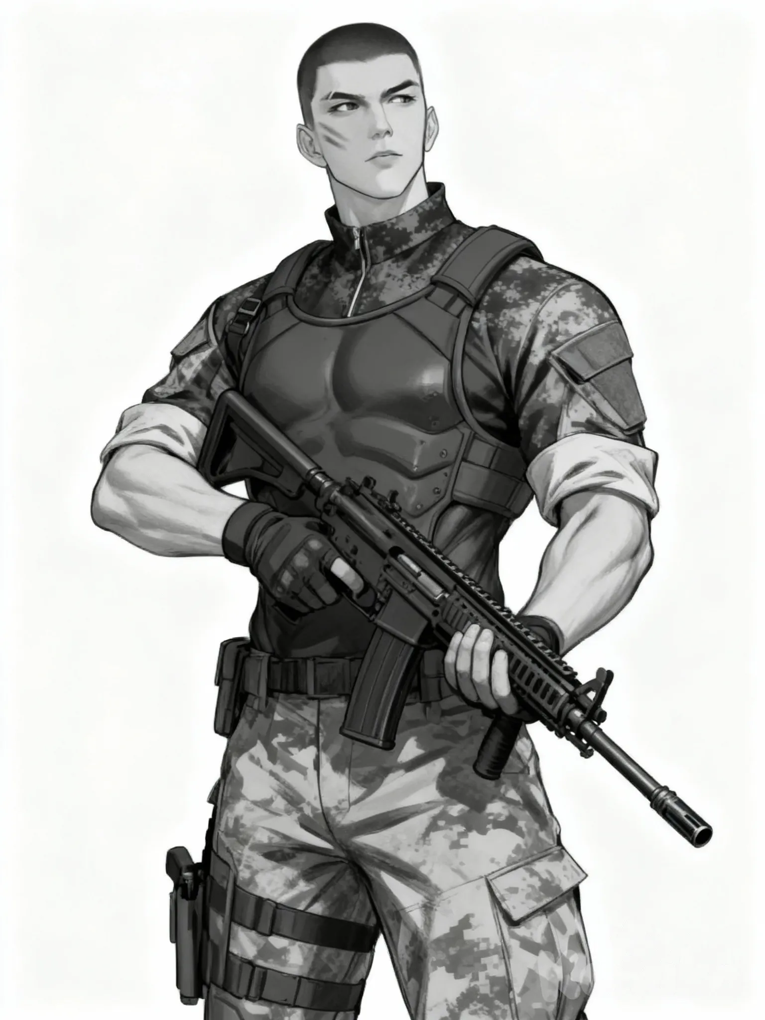  full body, looking away,Holds a machine gun in two hands,The look of a predator's eyes,Military uniform with armored vest, A man's athletic body under a military uniform,photo_5262684300820286258_y