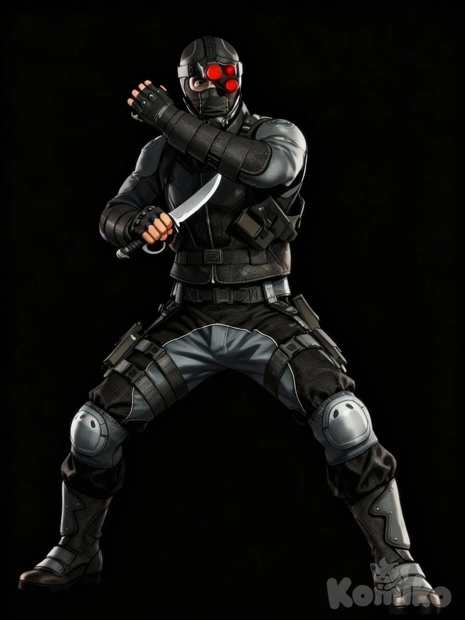 photo_5271611214251364697_y Take the rifle out of his hands, Let him stand in a fighting pose, He has a kerambit knife in one hand, and covers his chin with the other hand. The manhwa style, looking at viewer, full body, photo_5271611214251364697_y,let everything be done in the Manhwa style