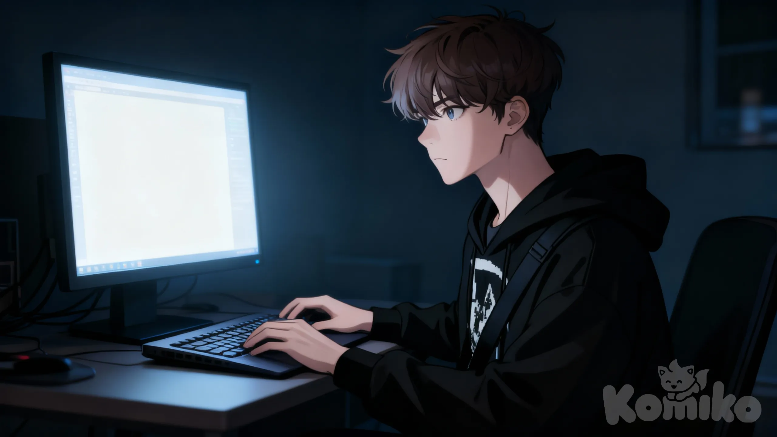  the character is sitting at a computer desk, working on a laptop, his eyes are focused, and his face is expressionless. He is typing on the laptop, his eyes are fixed on the laptop monitor., photo_5262684300820286257_y (1), photo_5262684300820286257_y (1)