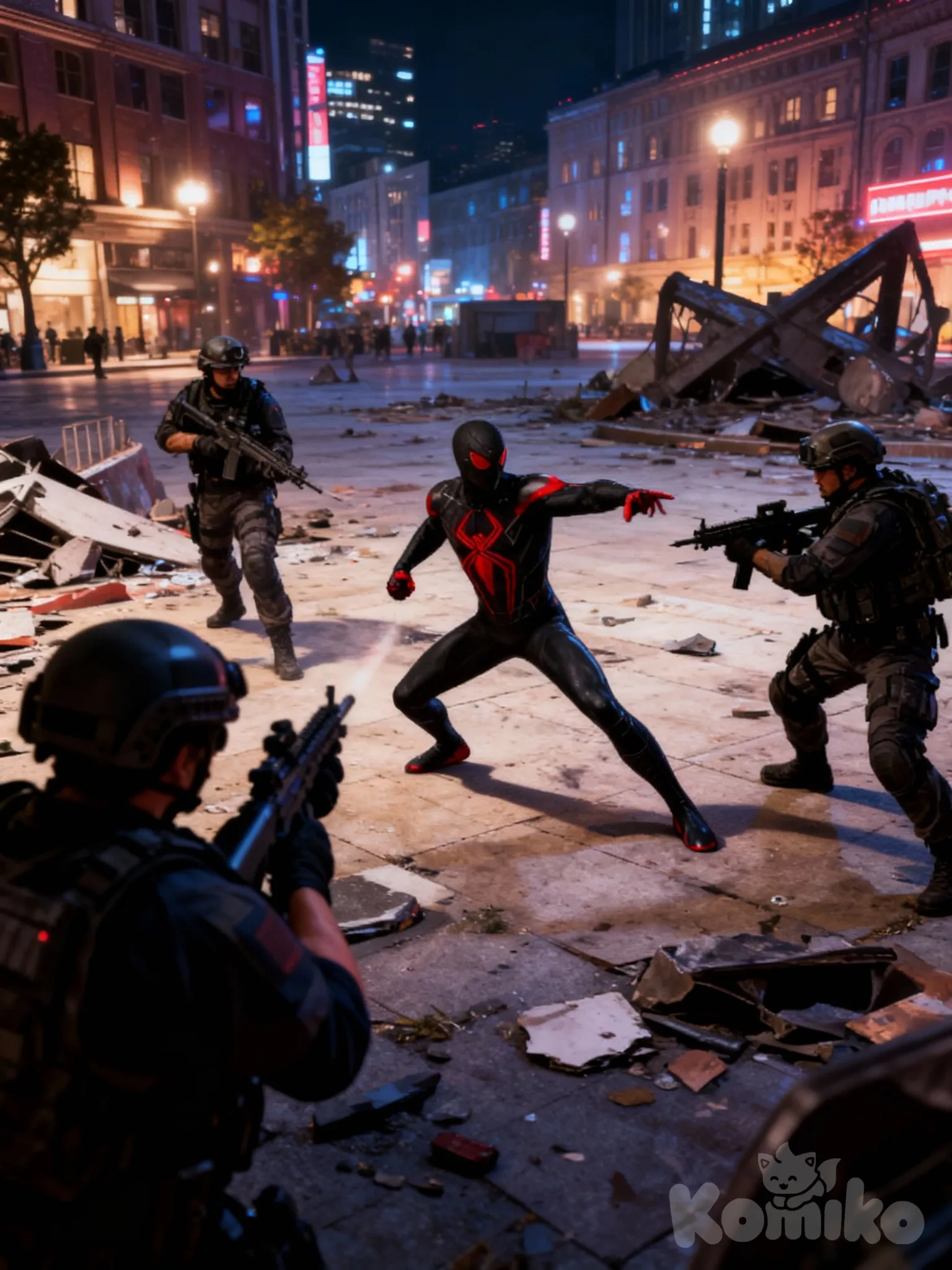 photo_5303220683196272437_y character fighting against three special forces soldiers, battle in the square, character in a cool fighting pose, random shot