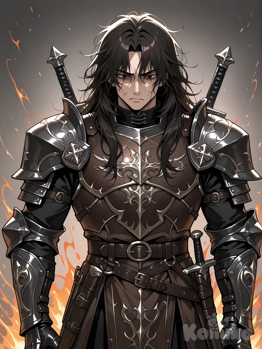 Generate an image of a male warrior in the anime fantasy style. He has long, dark, disheveled hair, a thin face with pronounced cheekbones, and a stern expression. His eyes are lowered, and his lips are tightly pursed. He is dressed in a combination of leather and metal armor, including a massive metal shoulder pad with a pattern, segmented bracers, and a dark leather tunic with clasps. Leather straps with massive buckles intersect on his chest. He wears a wide leather belt around his waist. Two dark blades are fixed vertically behind the character's back. The character wears leather gloves with metal inserts on their hands. Small red sparks can be seen around the character, creating the effect of magical energy or a recent battle. The background is muted and gray, with a slight mist. The lighting is soft, focusing on the character's face and armor. The atmosphere is dark and intense. The character should appear as a battle-hardened warrior, combining strength and composure. The color scheme consists of dark shades of gray, black, and brown, with accents on metal details.