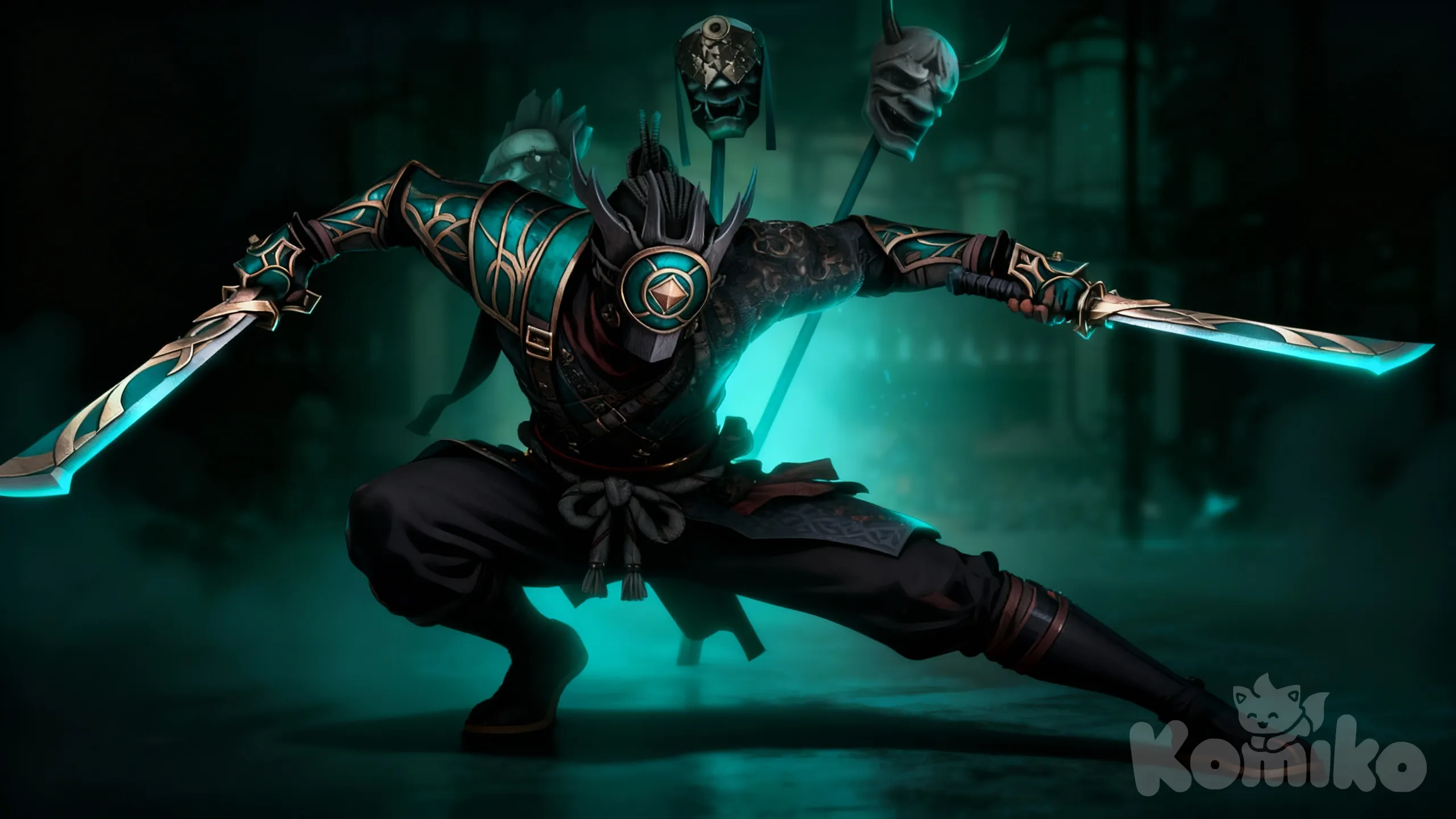 photo_5352678902351991046_y **description of the pose in the reference image:**

1. **Overall composition:**
* the pose is dynamic and aggressive, demonstrating combat readiness;
* the character is in a low, crouched position, which emphasises agility and preparedness for a sudden attack or defence.

2. **Leg position:**
* one leg is bent at the knee and extended forward, serving as the main support;
* the second leg is also bent, positioned behind, providing balance and enabling a quick change of position;
* the feet are firmly planted on the ground, ensuring stability;
* the angle of knee flexion is significant — the pose is very close to the ground, typical of martial arts (reduces vulnerability and increases manoeuvrability).

3. **Torso position:**
* the torso is leaning forward, with the centre of gravity shifted towards the front leg;
* the back is slightly rounded, but not excessively bent — maintaining readiness for instant movement;
* muscles are visibly tensed, emphasising combat readiness.

4. **Arms and weapons:**
* both arms are extended forward, each holding a sword (katana);
* the swords are directed in different directions, creating a «control zone» in front of the character;
* elbows are slightly bent, allowing for quick changes in the angle of attack;
* the hands are gripping the sword handles tightly, fingers tensed;
* the arrangement of the swords is asymmetrical — this makes it more difficult for the opponent to attack.

5. **Head and gaze:**
* the head is slightly lowered, the gaze is directed forward (presumably at the opponent);
* the face is concealed by a mask/headgear, adding an air of mystery and focus;
* the neck is tensed, emphasising concentration.

6. **Weight distribution:**
* the majority of the body weight is on the front leg, enabling an immediate transition to attack or defence;
* the back leg acts as a «spring» for explosive movements.

7. **Balance and symmetry:**
* the pose is asymmetrical but balanced — the low centre of gravity compensates for the extended arms;
* the lines of the body and swords create a dynamic, angular silhouette, emphasising aggression and combat readiness.

8. **Additional details:**
* straps and elements of the equipment underline the combat-oriented nature of the character;
* folds in the clothing and tensed muscles add realism and emphasise physical exertion;
* the pose demonstrates a combination of strength, agility and concentration — key qualities of a ninja warrior.