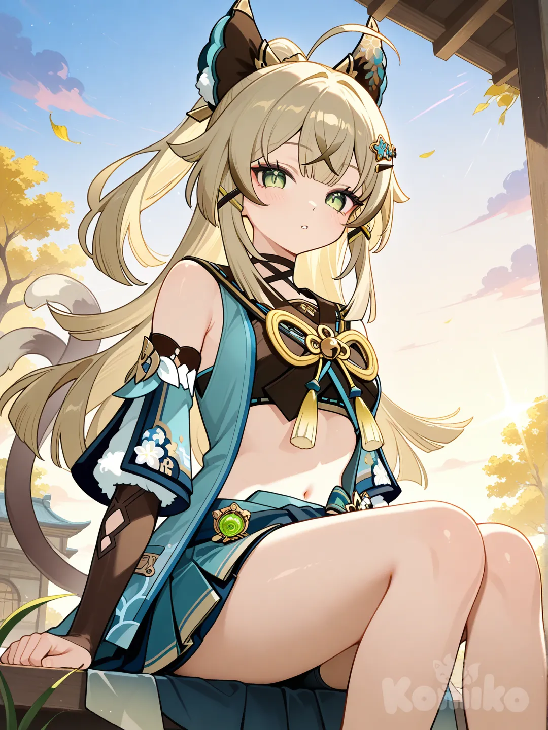 @Kirara_(Genshin_Impact), short dress, sitting, tree, from below, morning