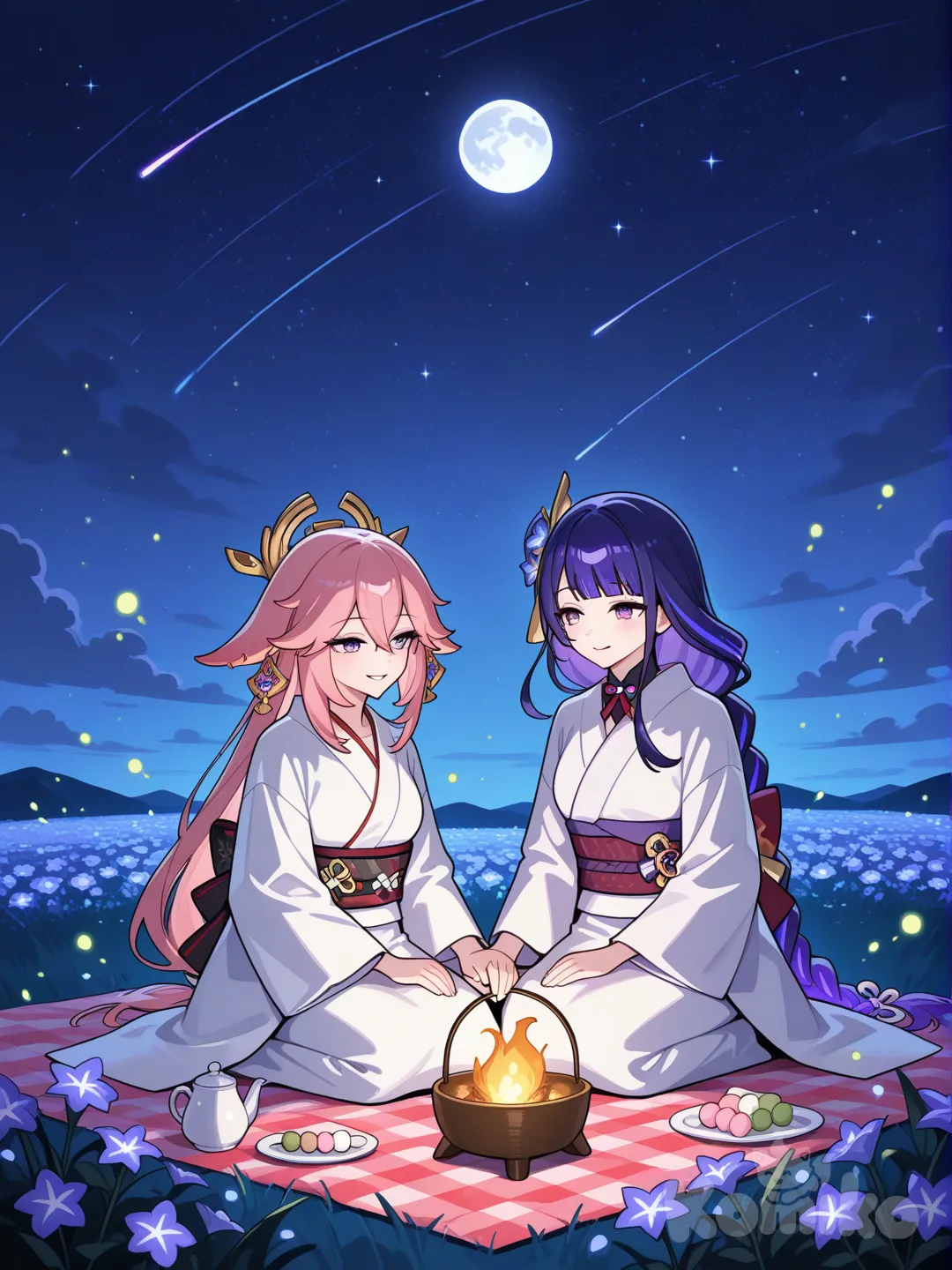 @Raiden_Shogun, @Yae_Miko, dated, night sky, star (sky), flower field, dango, teapot