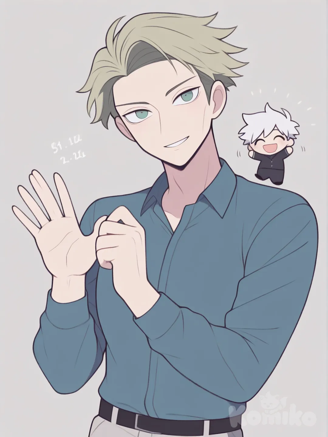 @Gojou_Satoru, @Nanami_Kento saludandote y felices, chibi, [pop-toon-style]