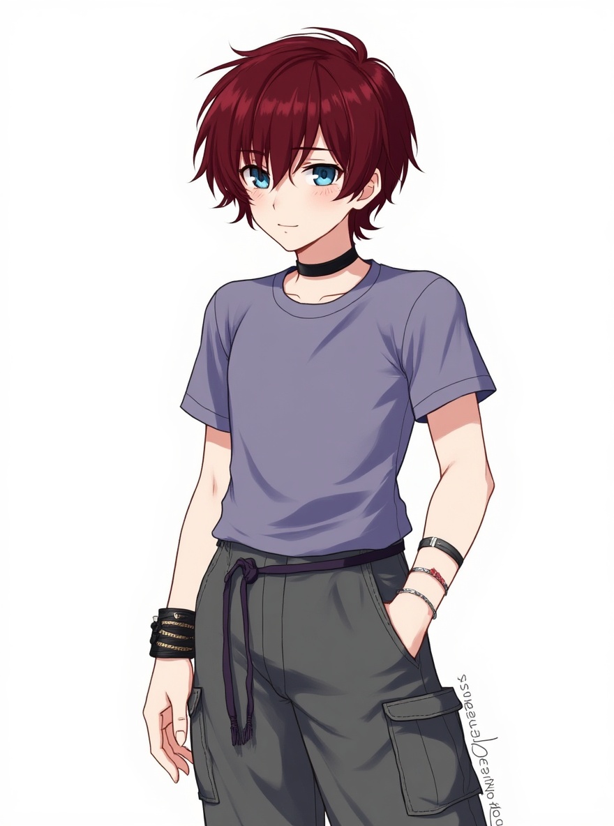 1boy, vampire, demon, elf, teenager, slim, maroon hair, straight hair, red hair, blue eyes, freckles, pale skin, tan skin, t-shirt, cargo pants, lace, wolf ears, bracelet, tie, knee-high socks, femboy, single character, full body, looking at viewer, anime style, simple background, white background