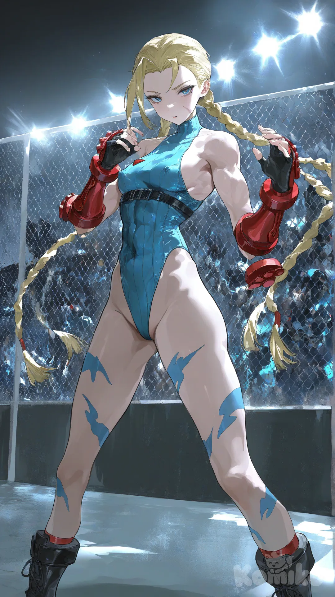 cammy white, slight nipple bulge, no leggings, background underground fighting stage, no strap, no horns, blue clothes, [desaturated-illustration-style]