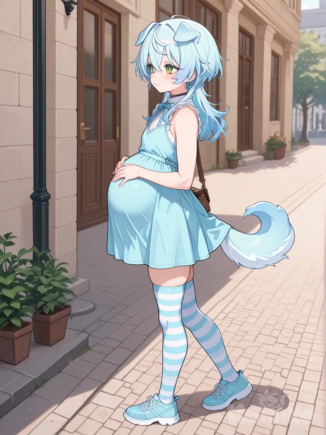 dog ears, dog tail, transgender, light blue hair, green eyes,striped thighhighs, sleeveless dress, walking, outside, pregnant