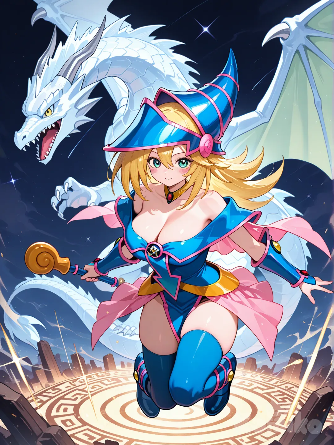 dark magician girl, and blue eyes white dragon