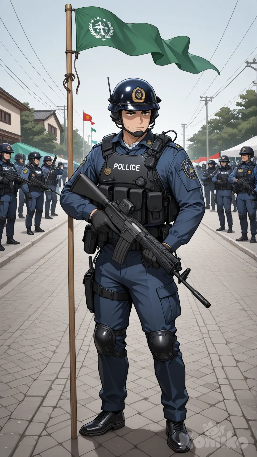 Vietnam People's Public Security Mobile Police ,flag raising ,male ,carrying a gun