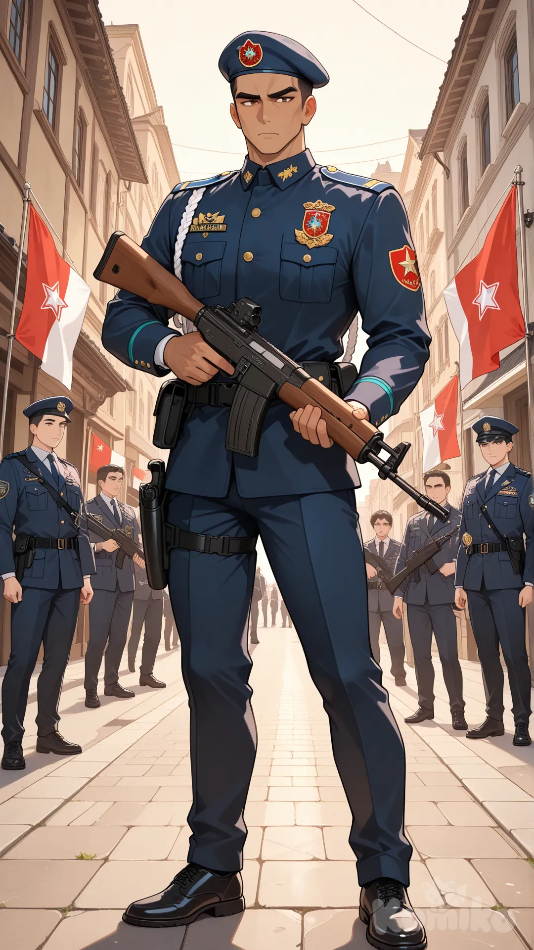 Vietnam People's Public Security Mobile Police ,flag raising ,male ,carrying a gun , tall and handsome