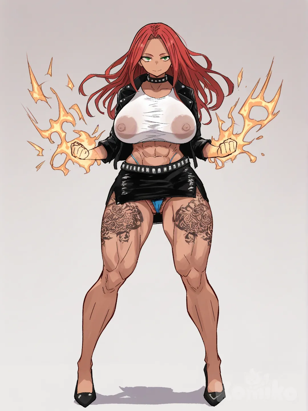 [hentai-style] 1girl, my hero academia style, muscular, abs, huge breasts, hard nipples, large areolas covered, wide hips, thick thighs, red hair, side_parted_hair, green eyes, seductive eyes, tanned skin, tattoos on her legs, leather jacket, see through top, pencil skirt, skimpy clothes, studs, choker, blue tight panties, neatly trimmed pussy hairs, visible pussy, single character, full body, looking at viewer, activating her quirk, simple background, white background
