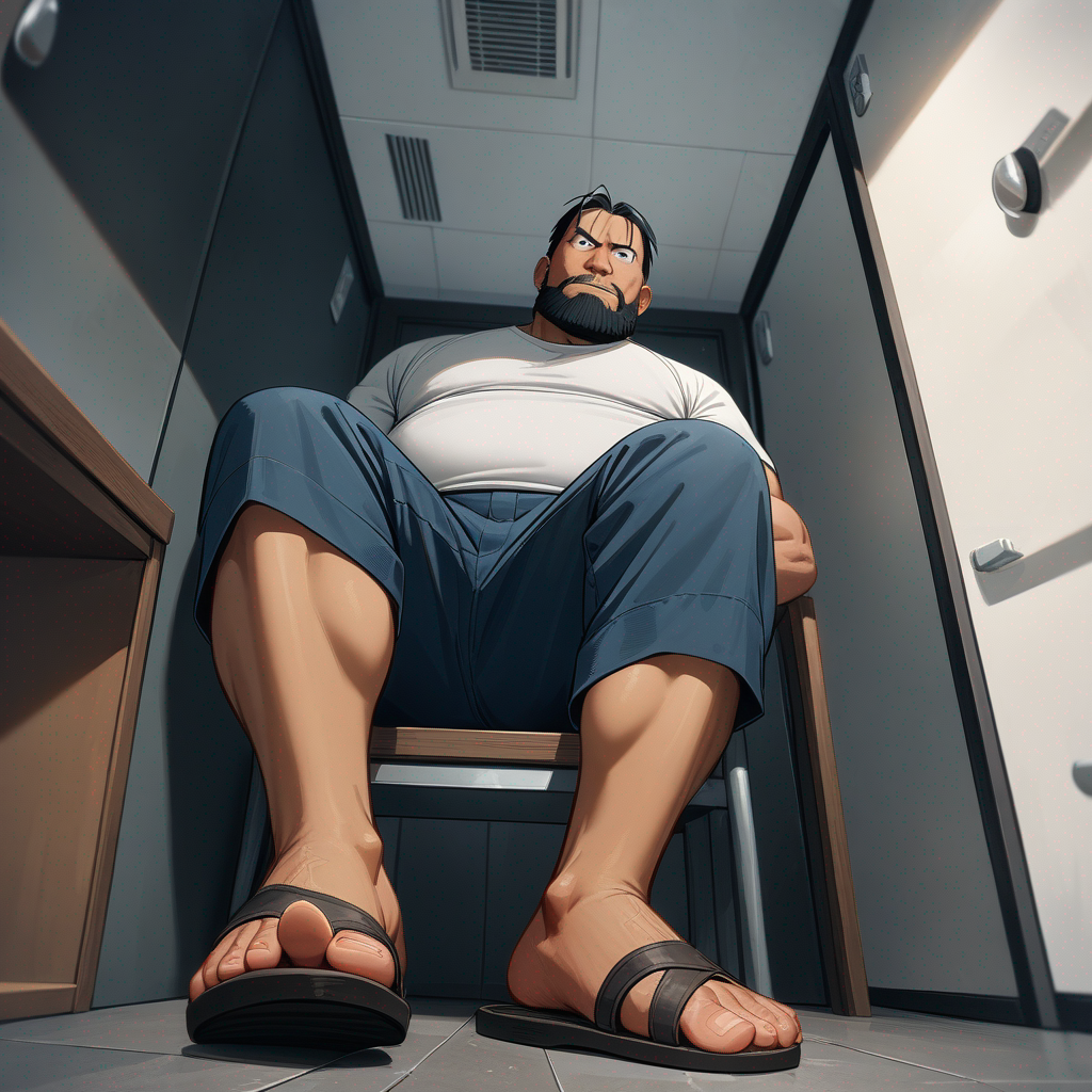 fullmetal alchemist, Sig Curtis, chubby, black bearded, wearing his Gray shirt, Navy-blue pants, wearing his Tan sandals, standing in the locker room, he sits down against the wall, looking at viewer, view from the bottom, showing his feet for fun