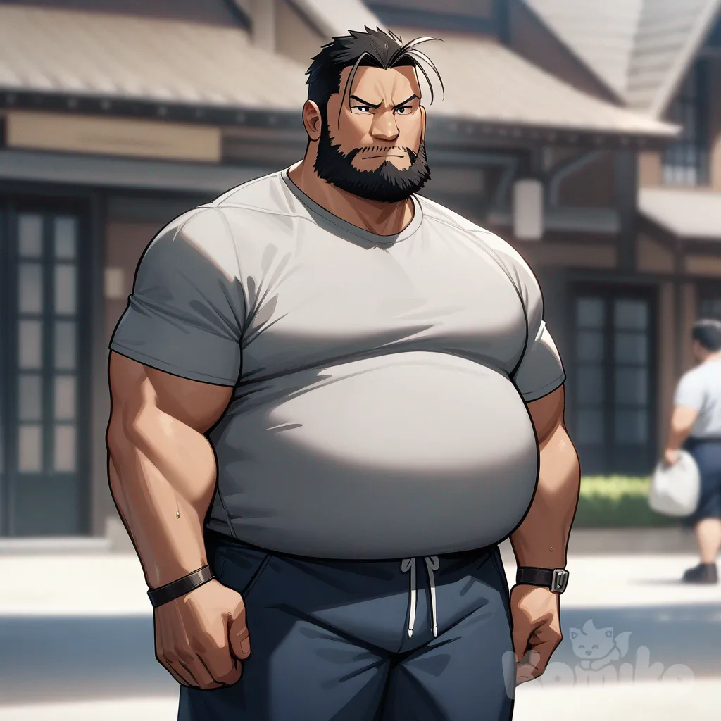 fullmetal alchemist, Sig Curtis, chubby, black bearded, wearing his Gray shirt, Navy-blue pants, wearing his Tan sandals