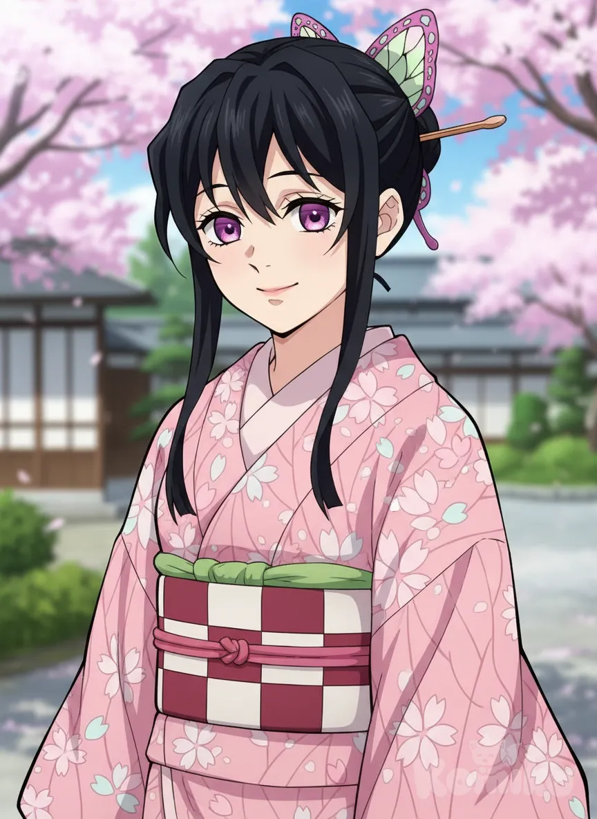 <sakiya-sakurama-YDVF>, anime screencap, smile, bun, hairpin, pink kimono, hair accessory