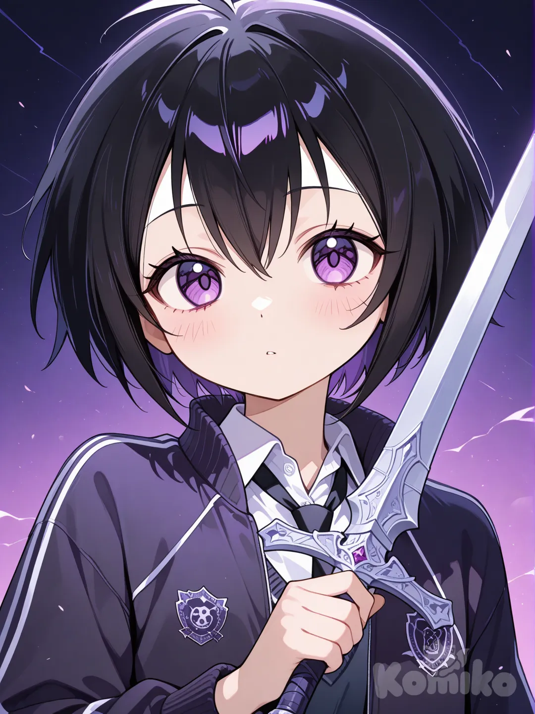@Peni_Parker, holding sword, varsity jacket, front profile photo