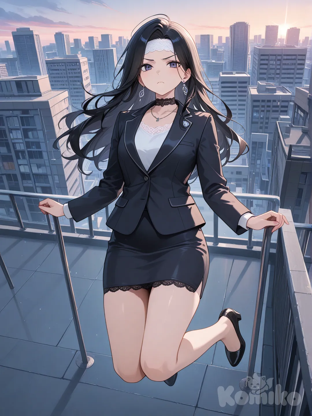 1girl, jumping from rooftop, frown, t-shirt, pencil skirt, suit, lace, earrings, choker, necklace, headband, side part, charcoal black, full body