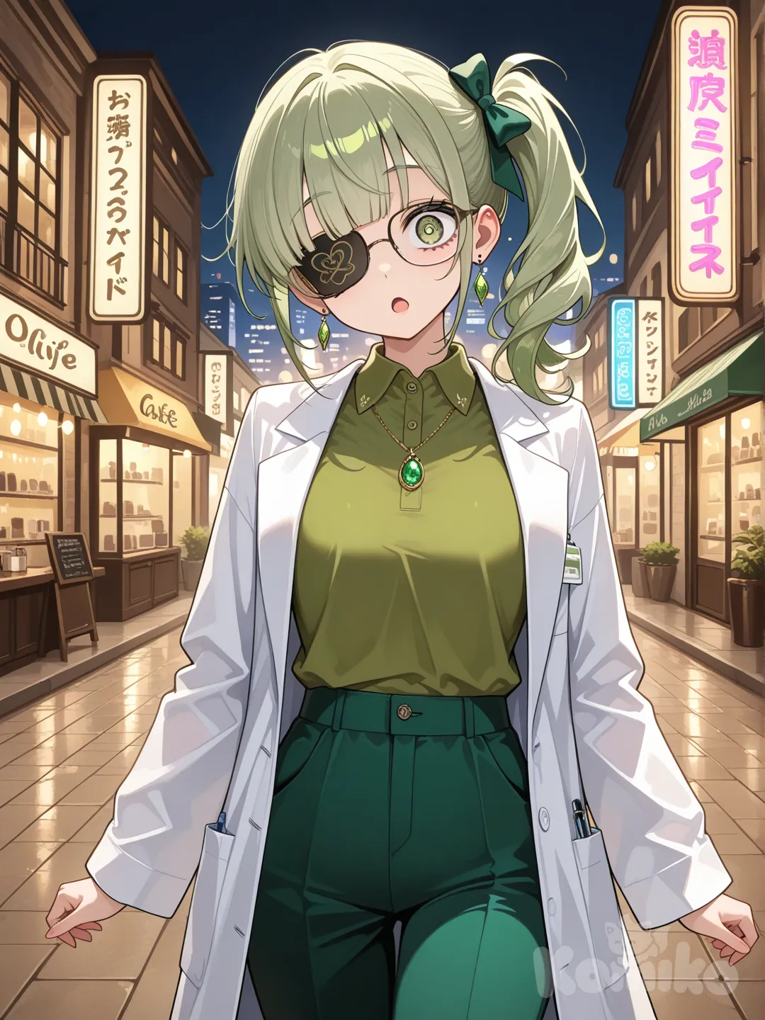 1girl, head tilt, shocked, lab coat, polo shirt, suit pants, plastic, earrings, necklace, bow, jewelry, glasses, eye patch, straight bangs, side ponytail, olive green, cowboy shot, full body, city lights, cafe