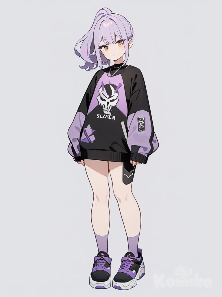 1girl, original character, Slayer, teenager, slim, petite, short, curvy, brown eyes, purple hair, ponytail, Slayer style, pastel colors, single character, full body, looking at viewer, anime style, simple background, white background