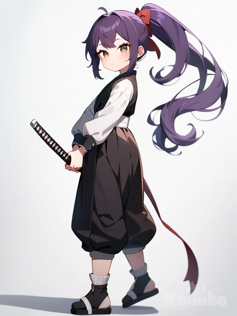 1girl, original character, Demon Slayer, teenager, slim, petite, short, curvy, brown eyes, purple hair, ponytail, single character, full body, looking at viewer, anime style, simple background, white background