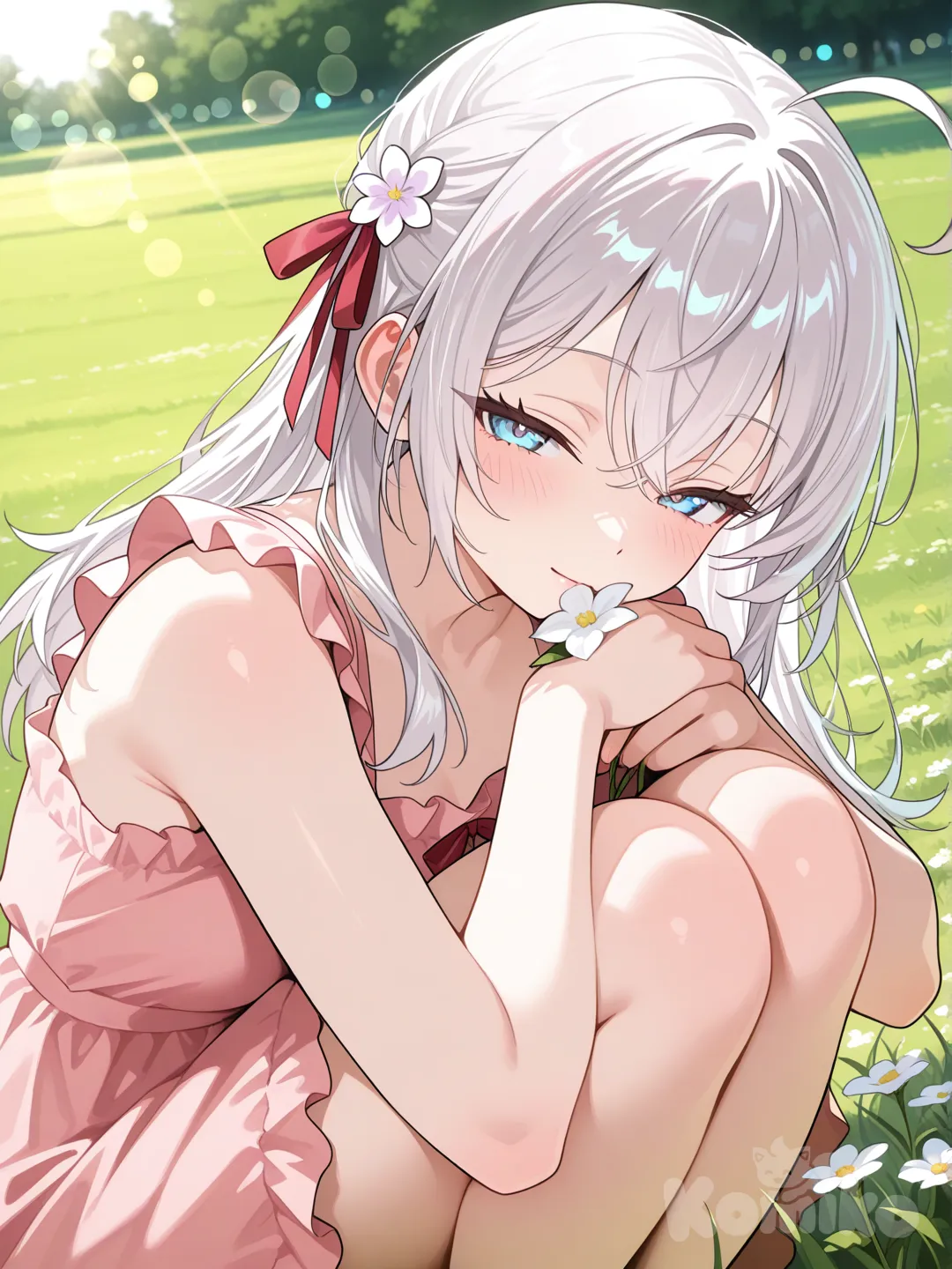 Alisa Mikhailovna kujou, silver hair, blue eyes, red ribbon, Anime girl in soft peach dress, sitting on grass with legs folded to one side, holding a small flower near her lips, dreamy afternoon.