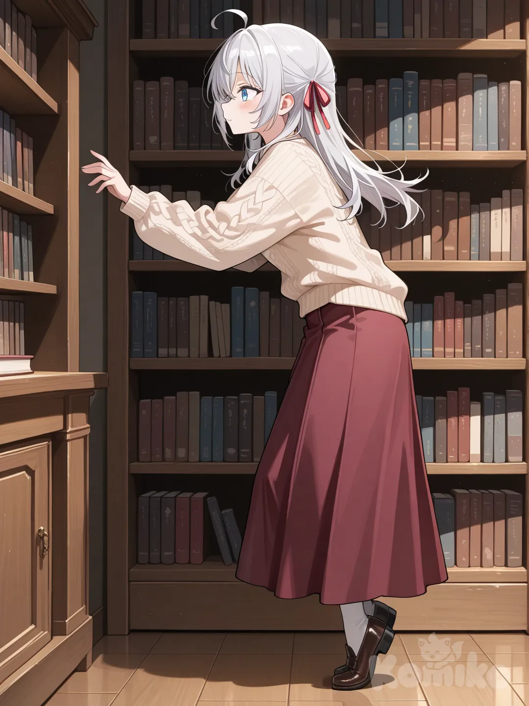 Alisa Mikhailovna kujou, silver hair, blue eyes, red ribbon, Anime girl wearing beige knit sweater and long skirt, standing by bookshelf reaching for book on top shelf, tip-toe pose.
