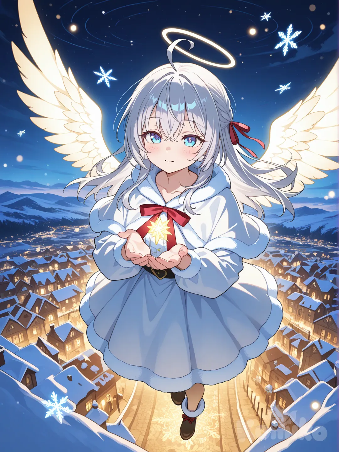 “Magical anime girl dressed as a Christmas angel with glowing wings, floating above a snowy town, soft blue and golden light, serene and dreamy atmosphere.”

Alisa Mikhailovna kujou, silver hair, blue eyes, red ribbon