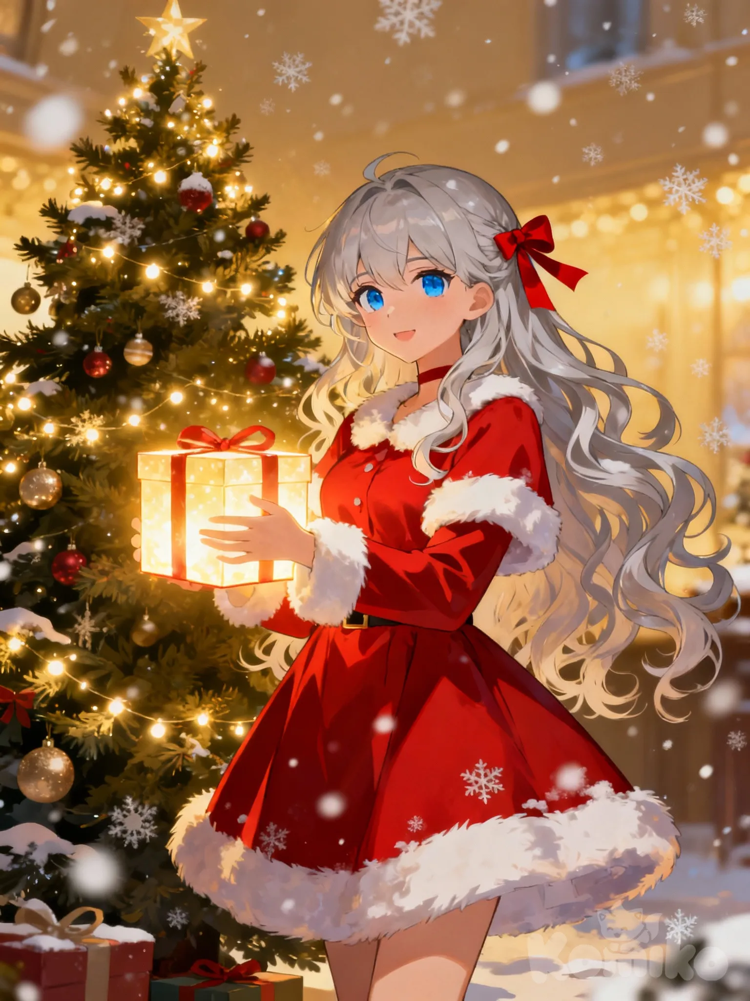 “Anime girl with long wavy hair wearing a red Christmas dress with white fur trim, holding a glowing gift box, standing beside a giant decorated Christmas tree, soft snowfall, warm golden lights, cozy festive atmosphere.”



Alisa Mikhailovna kujou, silver hair, blue eyes, red ribbon