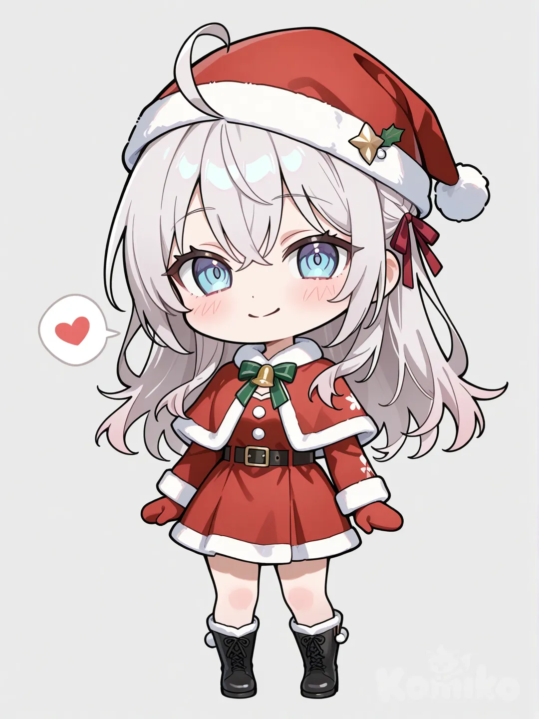 alisa mikhailovna kujou, silver hair, blue eyes, full body, chibi, big head, christmas AU , santa hat, santa costume