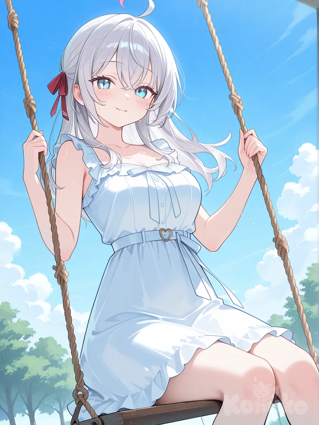 alisa mikhailovna kujou, silver hair, blue eyes,Anime girl wearing cotton dress with ribbon belt, sitting on swing holding ropes lightly, clear blue sky behind.