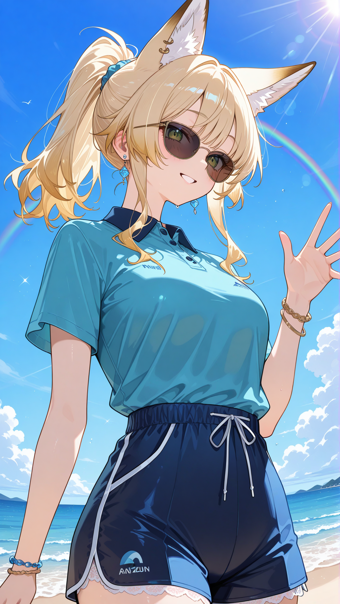 polo shirt, t-shirt, beach shorts, diving suit, lace, earrings, sunglasses, bracelet, fox ears, blonde hair, high ponytail, rainbow, upper body, from below, ambient light, blue sky, ocean, waving