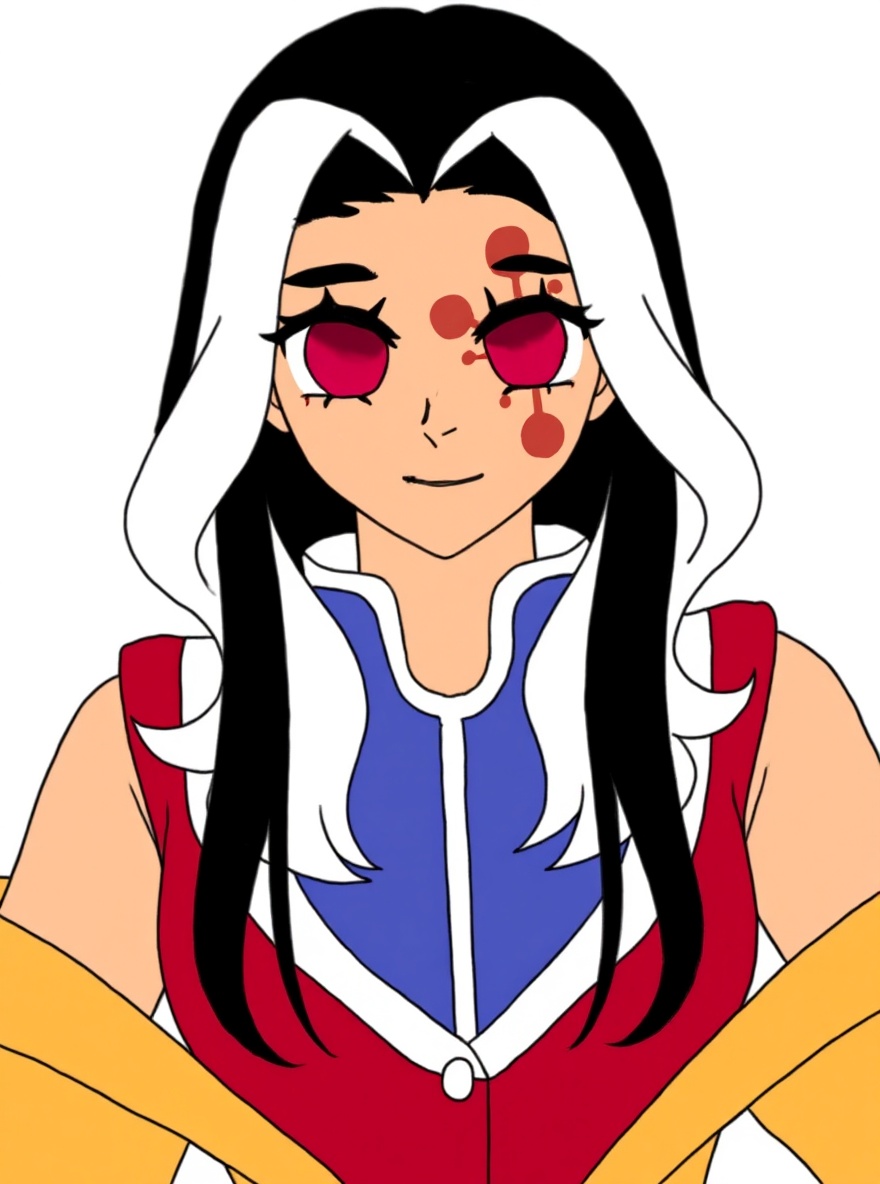 1girl, Project Capture (2), black hair, white bangs, long hair, red eyes, tengen uzui mark, 15 years old, single character, full body, looking at viewer, anime style, simple background, white background
